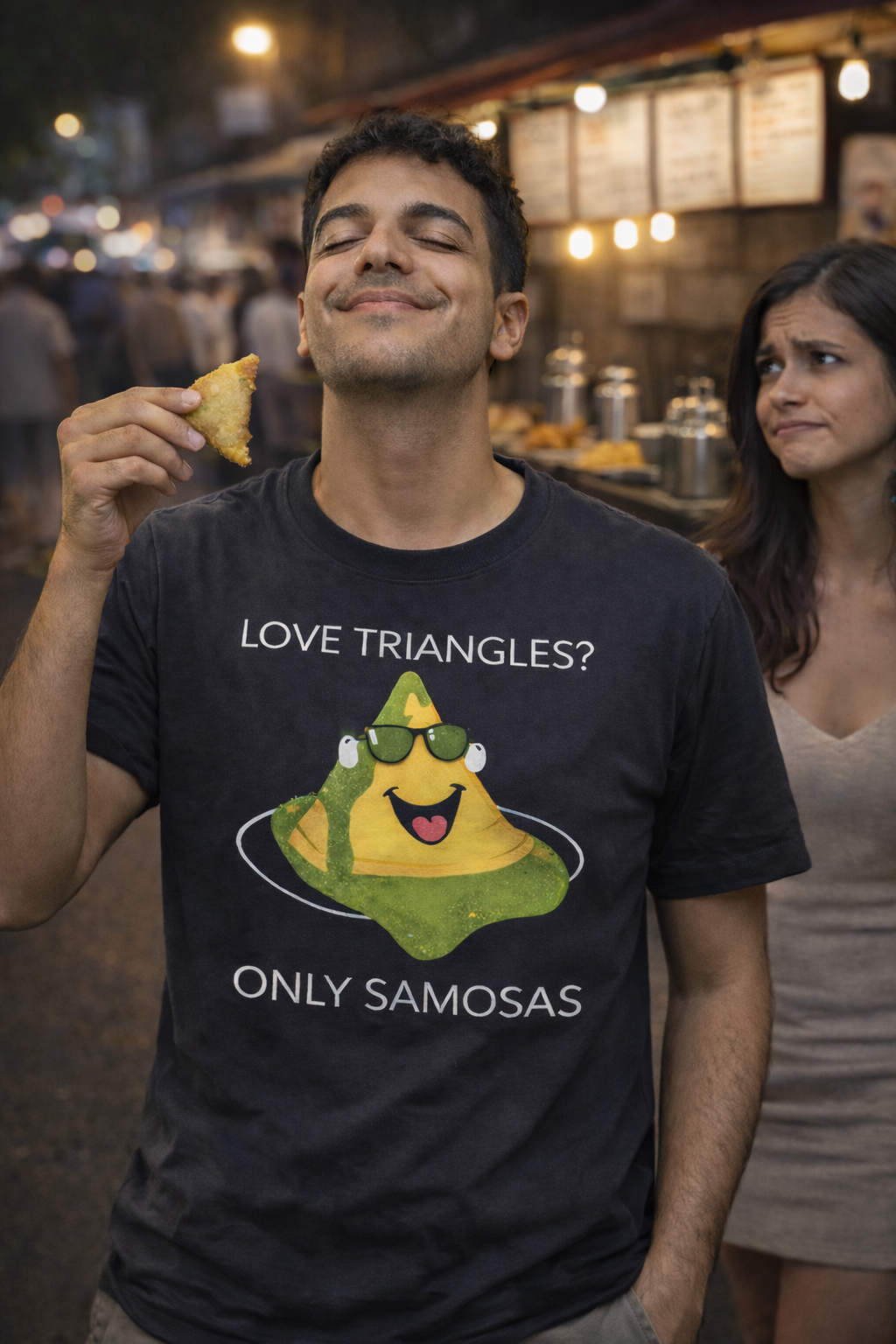 funny graphic tshirt for samosa lovers because a samosa triangle is better than a dating triangle