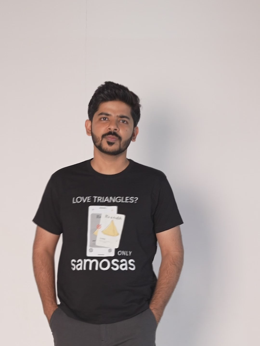 funny-graphic-tshirt-foodie-tshirt-samosa-tshirt-relationship-dating-black-tshirt-video